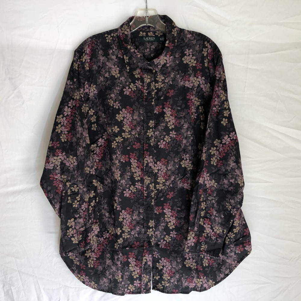 Lauren Ralph Lauren Shirt Womens 2X Black Floral Cotton Button Front Long Sleeve